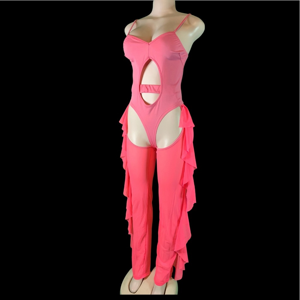 Neon pink women 2 piece - body suit with chap style legs with ruffles